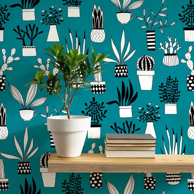 Papel Pintado Cactus Succulum House Planta Arte Verde Verde azul (Cactus and succulent teal green art wallpaper)