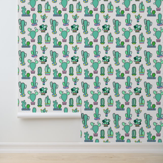 Papel Pintado Cactus verde de menta y patrón de planta suculento (Solicitud)