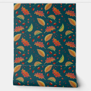 Papel Pintado Caen hojas de otoño, castañas, avellanas y bayas