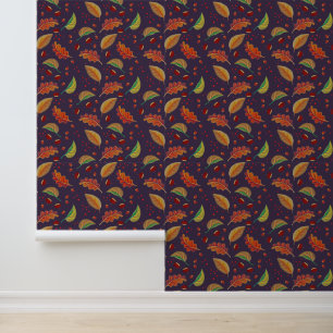 Papel Pintado Caen hojas de otoño, castañas, avellanas y bayas