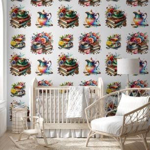 Papel Pintado Café acuarela, té, libros antiguos y flores