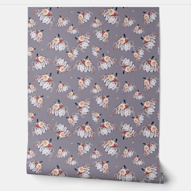 Papel Pintado Caída de la acuarela floral púrpura gris (Desenrollar)