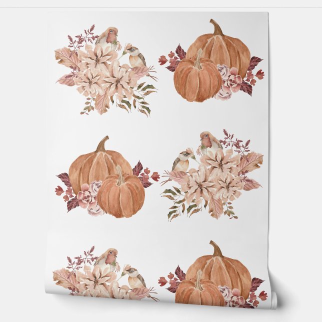 Papel Pintado Calabaza floral Naranja marrón otoño acuarela (Desenrollar)