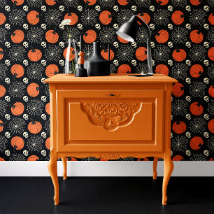 Papel Pintado Calabaza Negra Telaraña de Cráneo Halloween