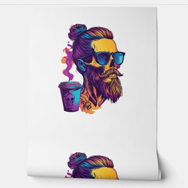 Papel Pintado Calavera Caffeinada - Funny Barista Skeleton (Desenrollar)