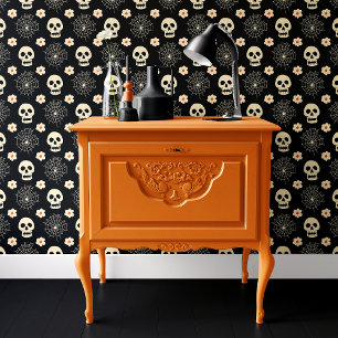 Papel Pintado Calavera Negra y Floral de Telaraña de Halloween