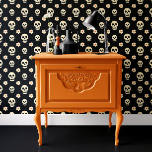Papel Pintado Calavera Negra y Flores de Halloween