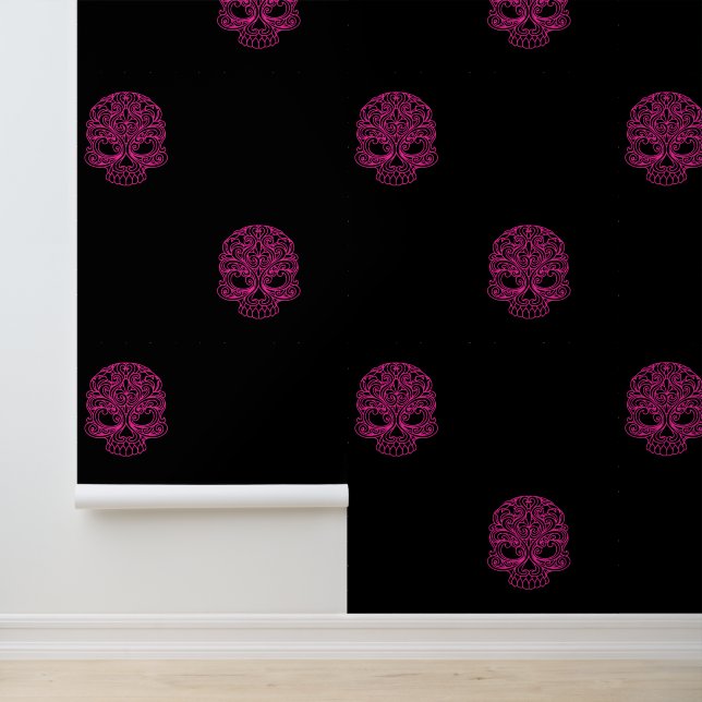 Papel Pintado Calaveras azucareras rosadas sobre negro sólido (Solicitud)