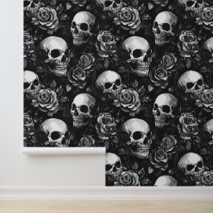Papel Pintado Calaveras y Rosas Halloween Negro