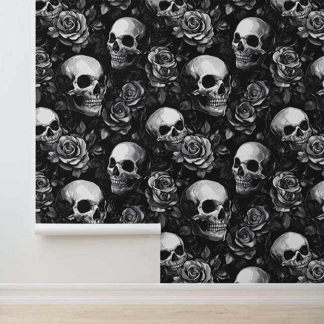 Papel Pintado Calaveras y Rosas Halloween Negro (Solicitud)