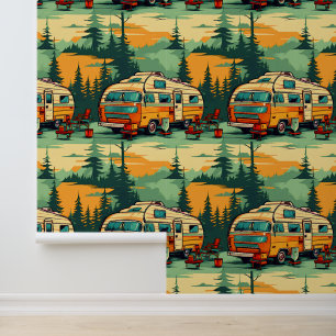 Papel Pintado Caminatas Retro Azul Verde azulado y naranja