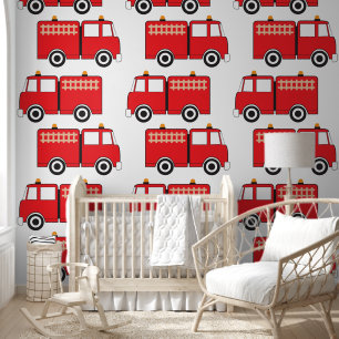 Papel Pintado Camión de Fuego Rojo Niños Dormitorio