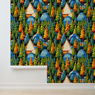 Papel Pintado Campamento de carpas azules, Naranjas y verdes y d