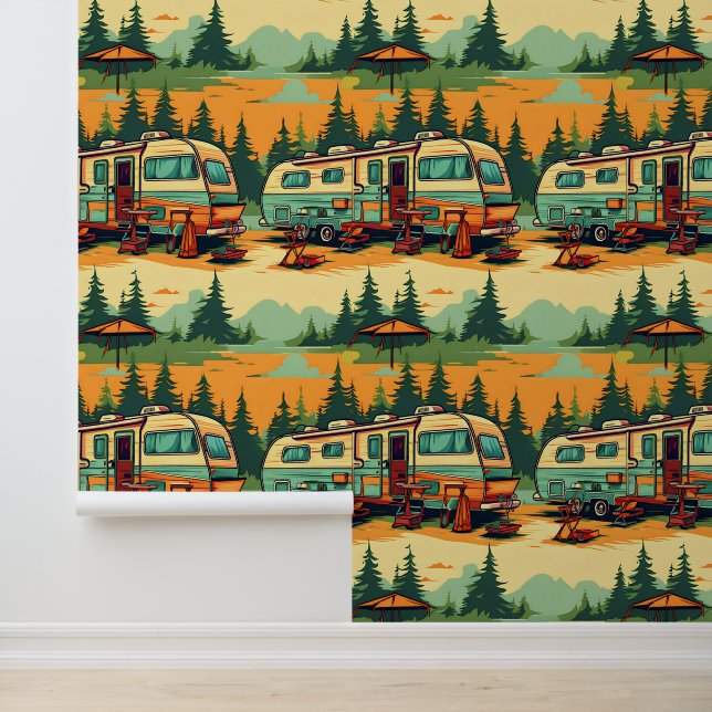 Papel Pintado Campers retro RV enclavados en pinos (Solicitud)