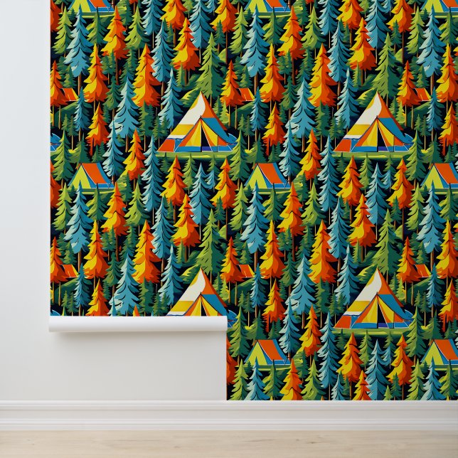 Papel Pintado Camping de tiendas temáticas y pinos (Solicitud)