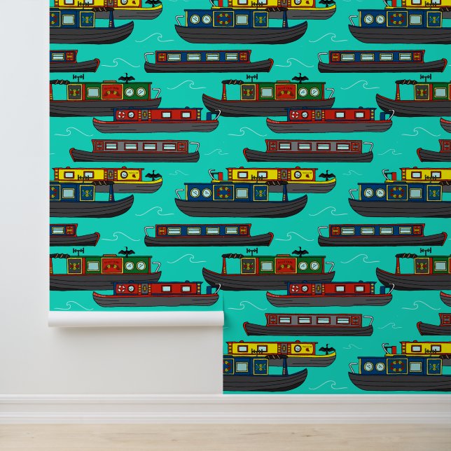 Papel Pintado Canal Boats and Barges Flotilla of Boats on River (Solicitud)