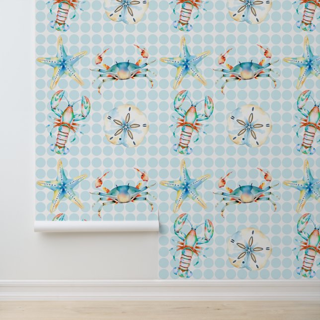 Papel Pintado Cangrejo azul de playa, langosta, pez estrella, dó (Solicitud)