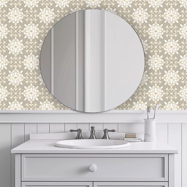 Papel Pintado Caqui geométrico monocromático (Monochromatic Khaki Geometric Wallpaper in a white bathroom.)