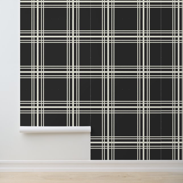 Papel Pintado Carbón negro de moda Líneas de la cuadrícula blanc (Solicitud)
