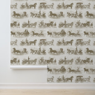 Papel Pintado Carruajes Vintage Tirados por Caballos Patrón Beig