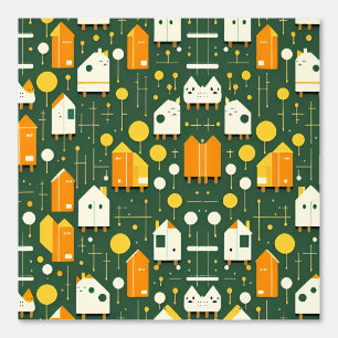 Papel Pintado Casas geométricas juguetonas con patrón de árboles