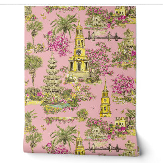 Papel Pintado Catedral y Fuente de Flor de Cerezo Rosa Vintage