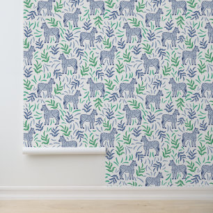 Papel Pintado Cebras de la Marina con Vegetación Verde y Azul /