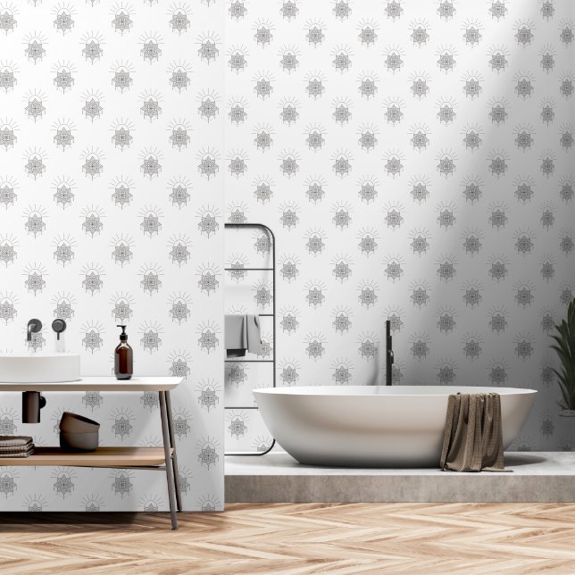 Papel Pintado Celestial Elegante Gris y Mandala Blanco Sol (Baño)