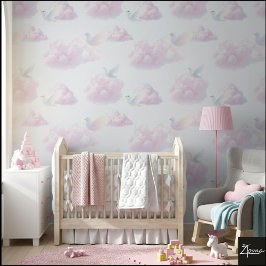 Papel Pintado Celestial Harmony: Pink Cloudscape with White Bird