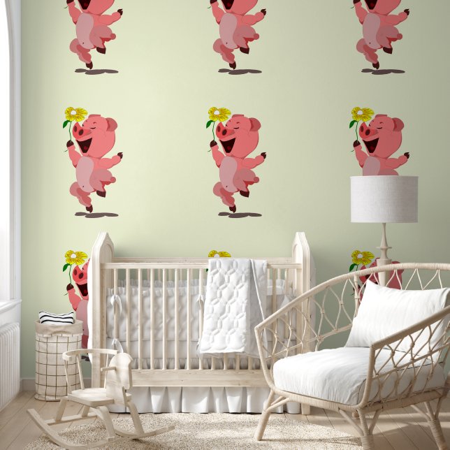 Papel Pintado Cerdo feliz con flores divertida (Niños)