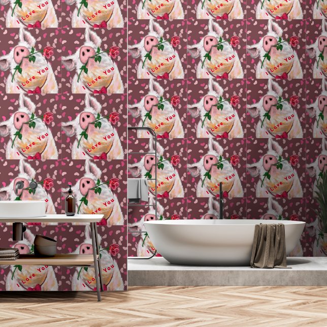 Papel Pintado Cerdo romántico con Rosa gracioso (Baño)