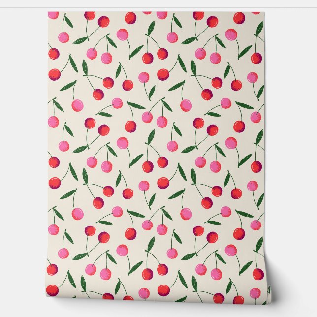 Papel Pintado Cerezas de baya retro tosadas en crema - cocina (Desenrollar)