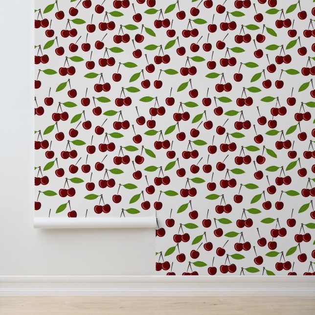 Papel Pintado Cerezo Rojo, Patrón De Cerezas, Hojas, Fruta (Solicitud)