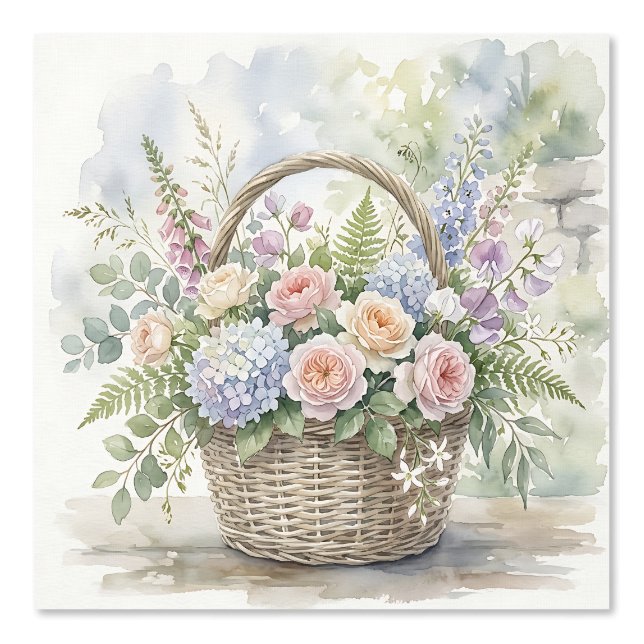 Papel Pintado Cesta floral de acuarela con rosas e hydrangeas (Anverso)