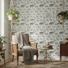Papel Pintado Charcoal Gray Safari Animals Pattern ID1241
