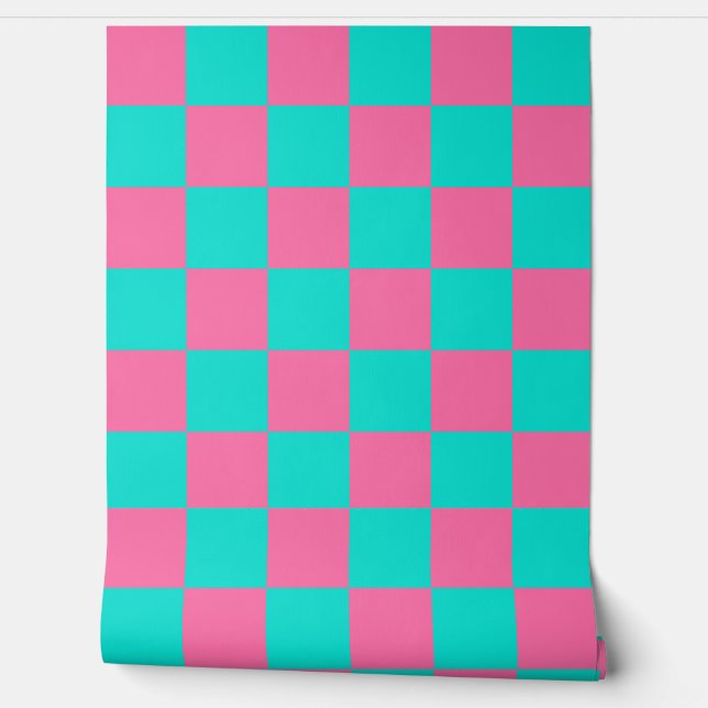 Papel Pintado Checador Pastel Turquesa Azul-Verde Y Rosa (Desenrollar)
