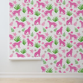Papel Pintado Cheetah Rosa Patrón Floral y Vegetación Blanco