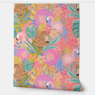 Papel Pintado Chetah Flamingo Tropical Maximalista