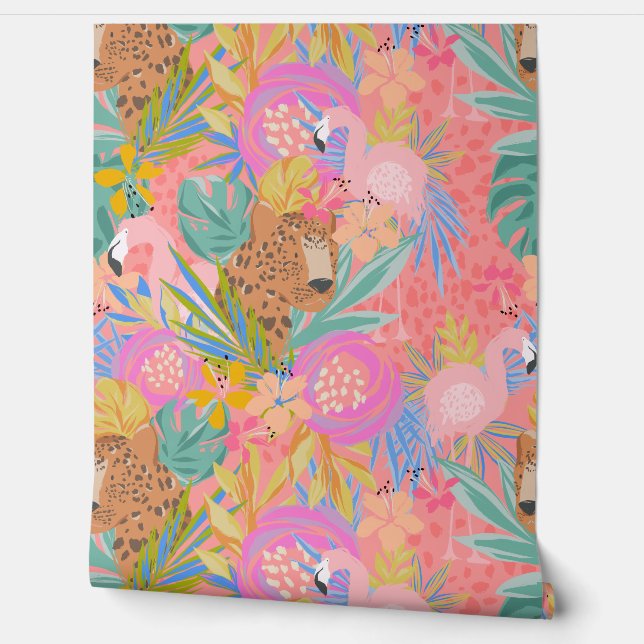 Papel Pintado Chetah Flamingo Tropical Maximalista (Desenrollar)