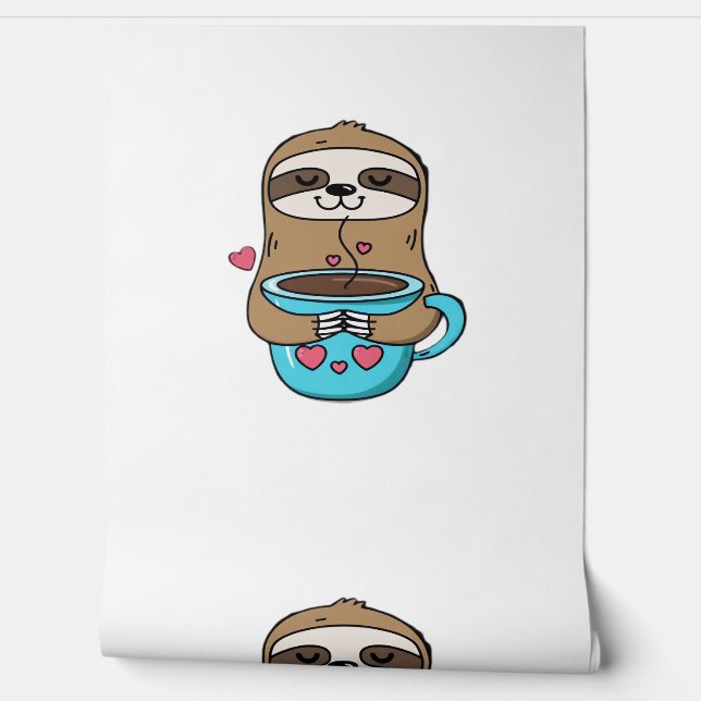 Papel Pintado Chibi Sloth Coffee Lover - Cute Kawaii Sloth Huggi (Desenrollar)