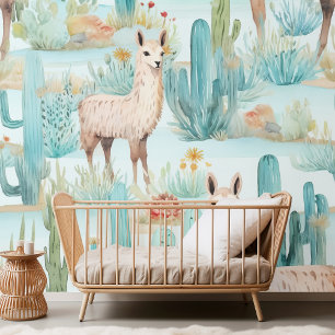 Papel Pintado Chic acuarela Llama y patrón de cactus del desiert