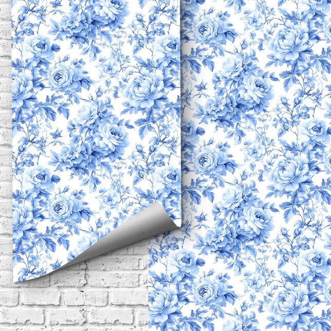 Papel Pintado Chic Navy Blue French Toile Roses Floral Wallpaper (Navy Blue French Toile Roses Floral Wallpaper Design)