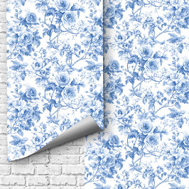 Papel Pintado Chic Navy Blue French Toile Roses Floral Wallpaper