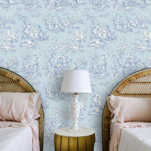 Papel Pintado Chic Vintage Azul Gris Toile de Jouy Escénico