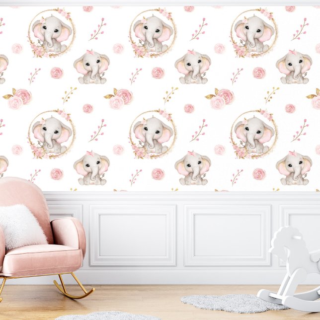 Papel Pintado Chica floral blanco rosado de elefante blanco (Cute Elephant White Pink Floral Girl Wallpaper)