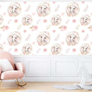Papel Pintado Chica floral de rosas blancas con elefante blanco