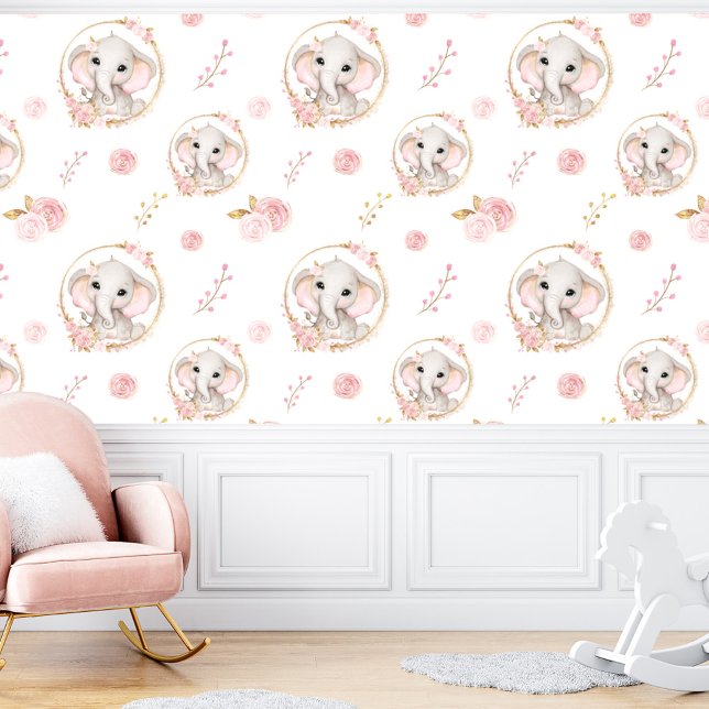 Papel Pintado Chica floral de rosas blancas con elefante blanco (Cute Elephant White Pink Roses Floral Girl Wallpaper)