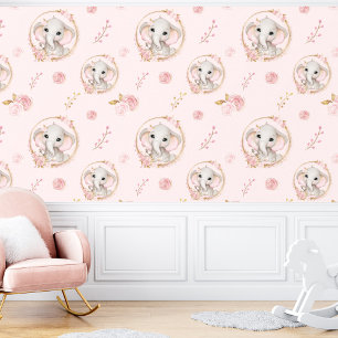 Papel Pintado Chica floral de rosas rosadas con elefante cutáneo