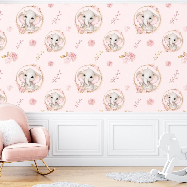 Papel Pintado Chica floral de rosas rosadas con elefante cutáneo (Cute Elephant Pink Roses Floral Girl Wallpaper)