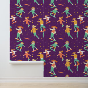 Papel Pintado Chicas de Skateboard con patrón de estrellas